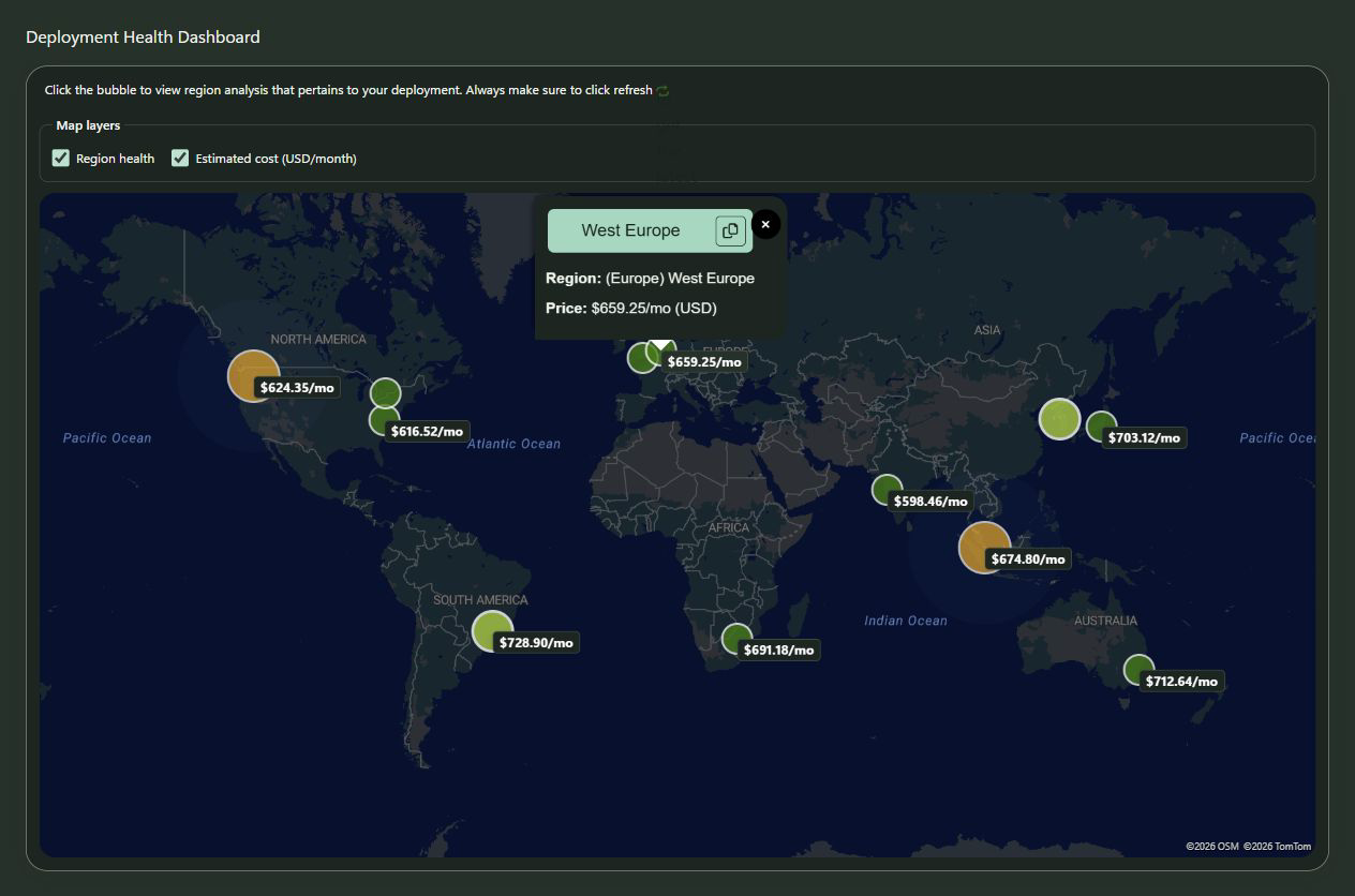 Moka Deployment Health dashboard showing regional health bubbles, monthly cost estimate labels, and an open cost estimate popup