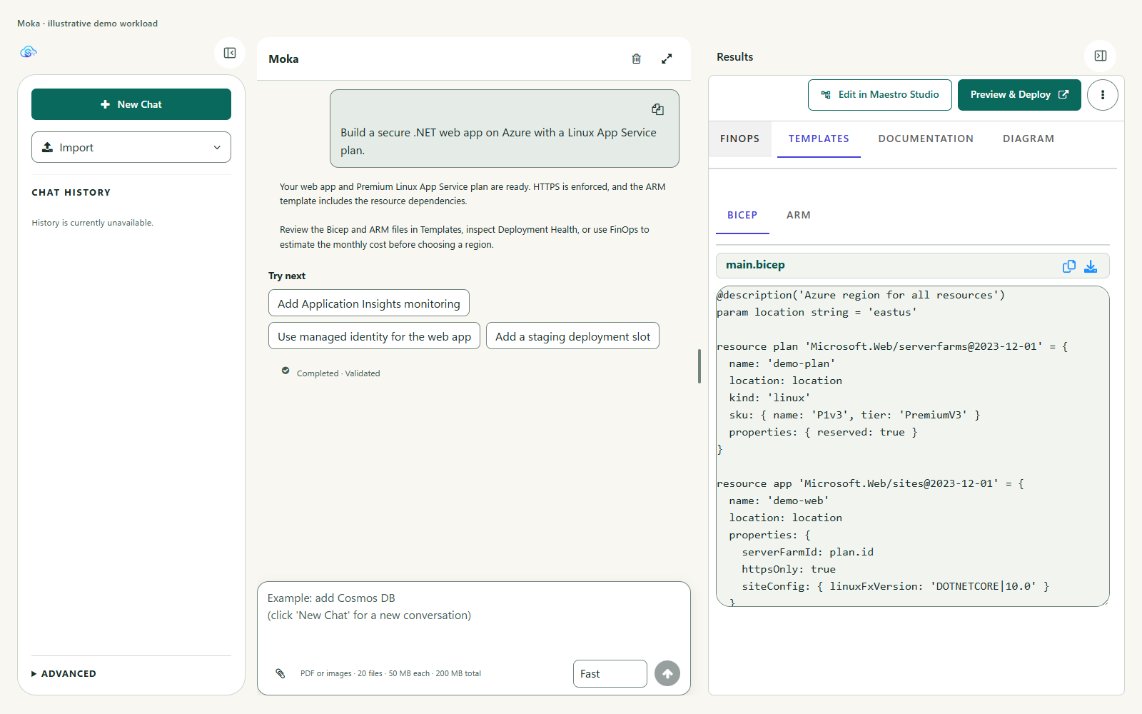 Updated Moka workspace with chat navigation, an Azure infrastructure conversation, and generated deployment assets